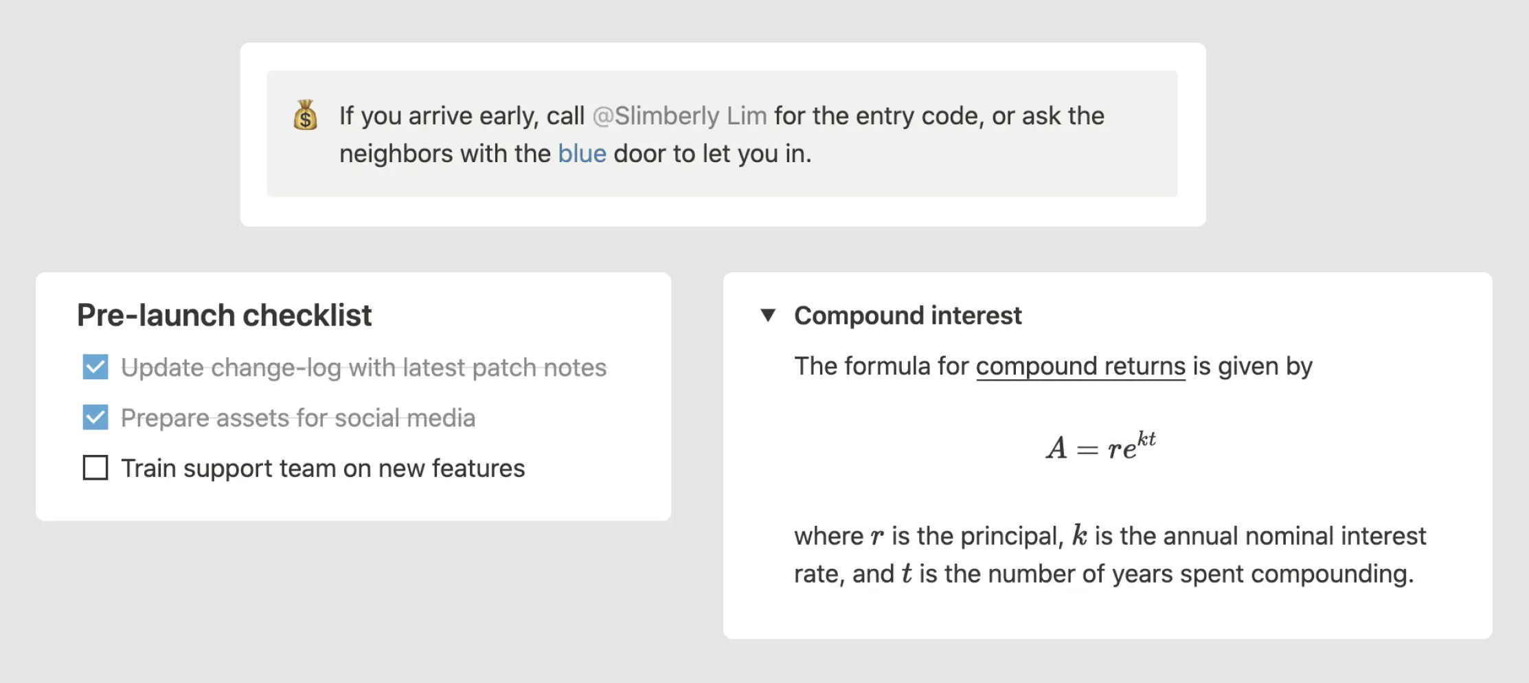 No widely-used Markdown implementation supports underlined or colored text, block or inline equations, callout blocks, toggle blocks, or dynamic user and date mentions.